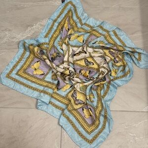 Silk Butterfly Print Square Scarf Pastel Blue Yellow Vintage Style